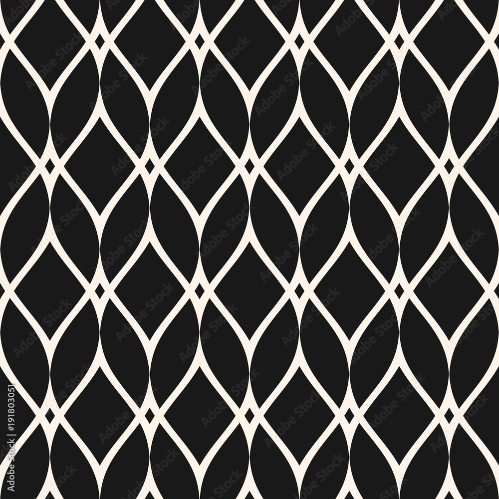 Naklejka premium Mesh seamless pattern, thin wavy lines. Texture of lace, weaving, net, delicate lattice. Subtle monochrome geometric background. Modern dark design for prints, fabric, textile, decor. - Stock vector