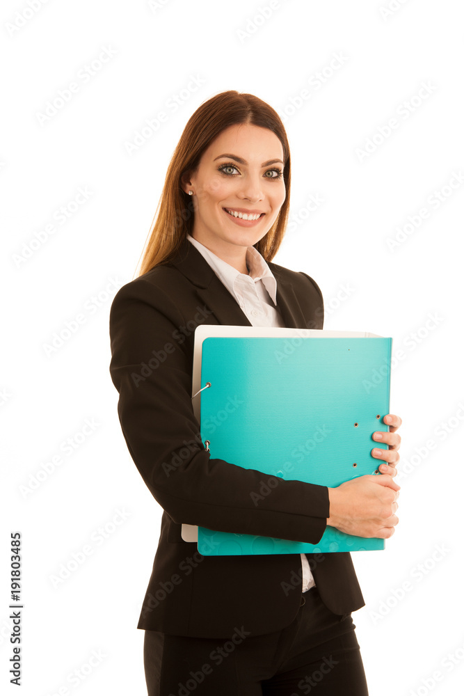 attractive confident business woman holds a folder of documents isolated over white attractive confident business woman holds a folder of documents isolated over white