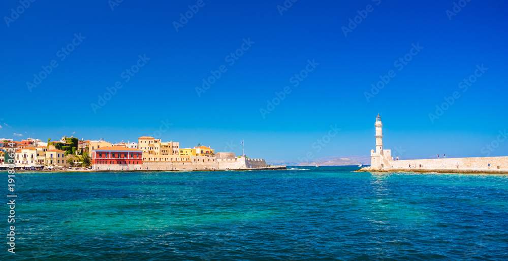 Chania with the amazing lighthouse, mosque, venetian shipyards, Crete, Greece.