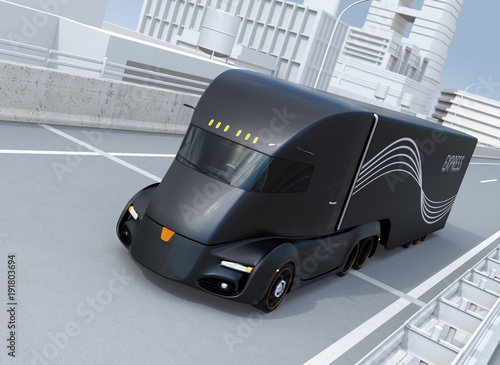 Self-driving electric semi truck driving on highway. 3D rendering image. © chesky