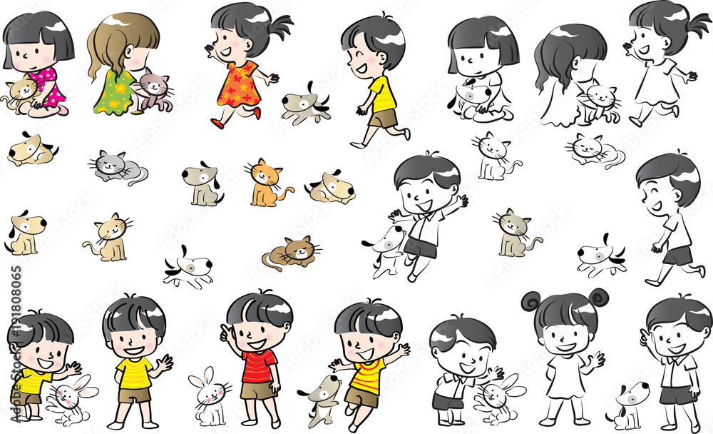 kids with pets cartoon vector