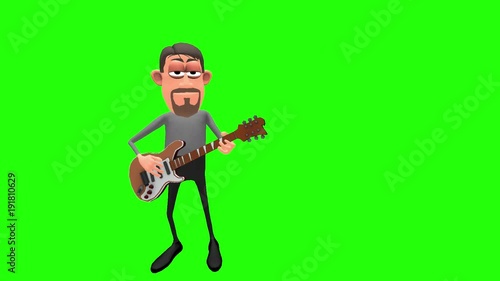 Animated male musician cartoon character plays lead electric guitar in looping pattern then strums strings in unique sequence multiple times in front of green screen background