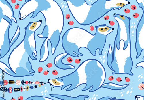 Cute cartoon ferrets seamless pattern. Vector illustration