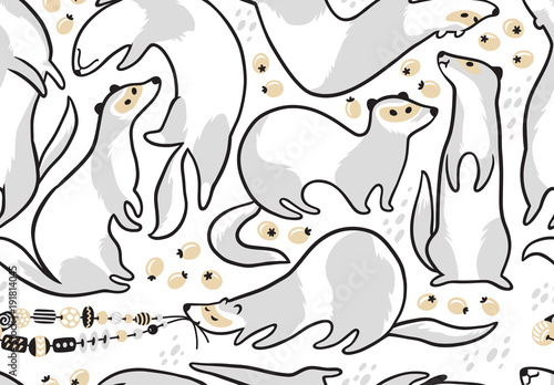 Cute cartoon ferrets seamless pattern in outline. Vector illustration
