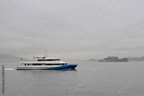 Ferry and Alcatraz Island, San Francisco, California, USA