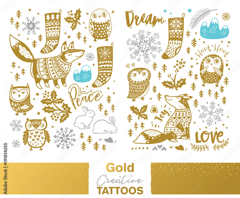 Fototapeta premium Metallic temporary tattoos. Gold, silver and blue cute hand drawn set withcartoon, owls, foxes and christmas elements