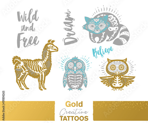 Metallic temporary tattoos. Gold, silver sugar skull hand drawn set