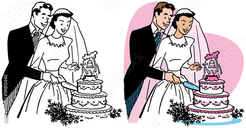 A newly married couple cuts a slice of their wedding cake. 