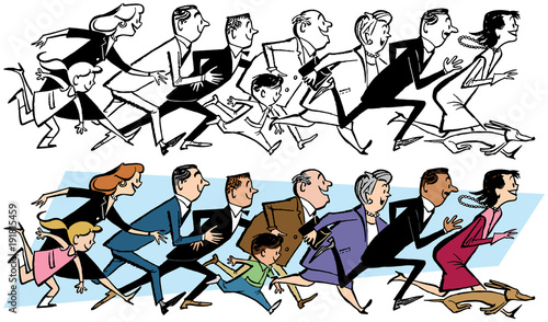 A crowd of people running towards something exciting.