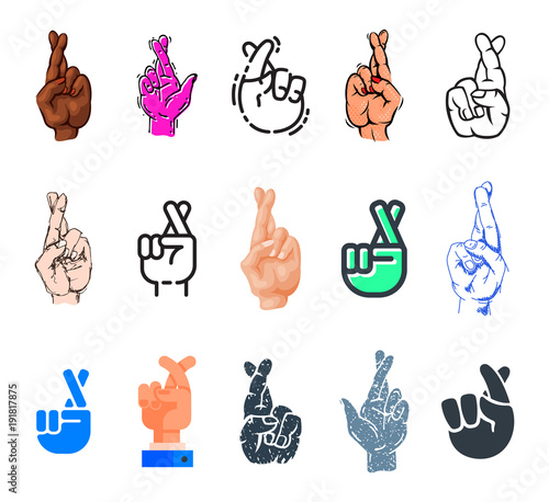 Crossed fingers vector fingered sign of human hand and symbol of luck or lie illustration fingering set isolated on white background