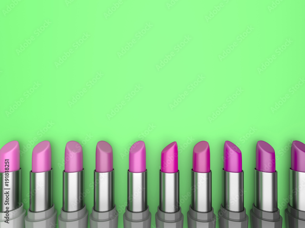 Fototapeta premium 3d illustration set of lipstick with rose-colored hues on a green background.