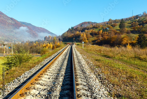 Autumn Carpathian mountains and railroad bridge, Ukraine