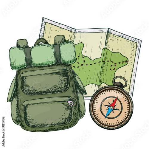 Backpack, map and compass for camping tourism, cartoon sketch illustration of travel equipment. Vector