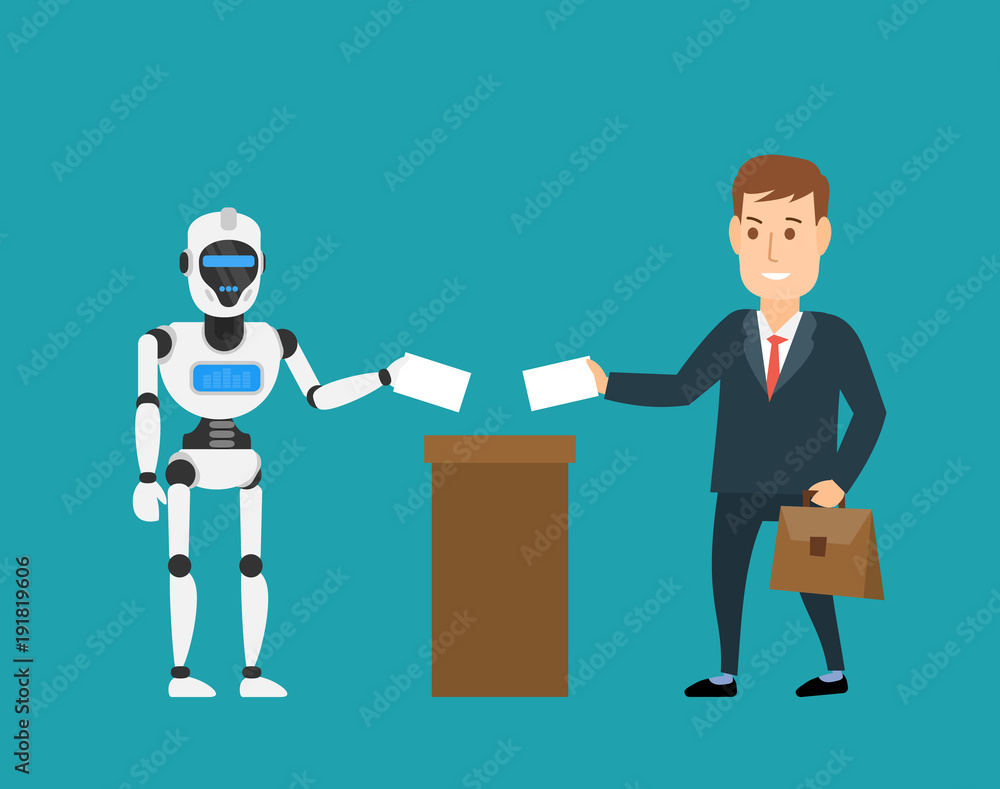 Obraz premium businessman and robot android voting at ballot box