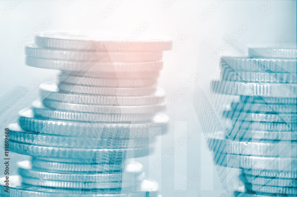 Double exposure of coins and city background, finance and banking concept