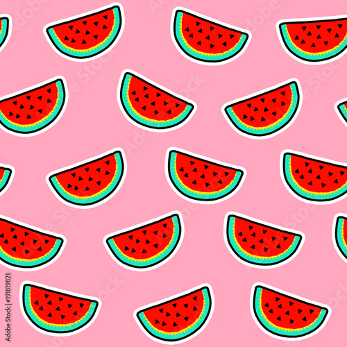 Seamless pattern of watermelon slices on pink background. 