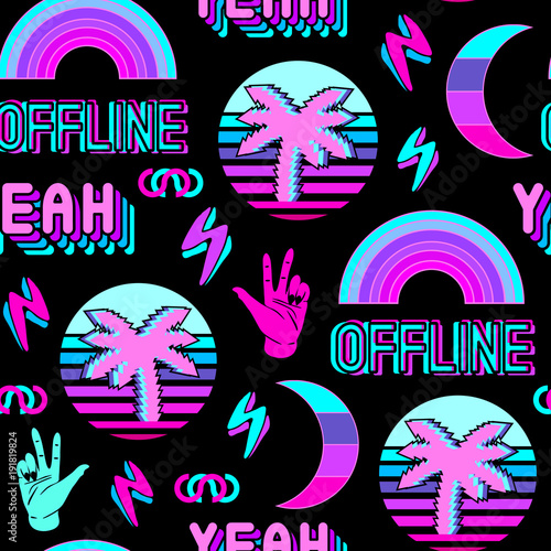 Vaporwave seamless pattern with patches, stickers, badges, pins with palms, words "yeah", "offline", rainbows, etc. Black background.