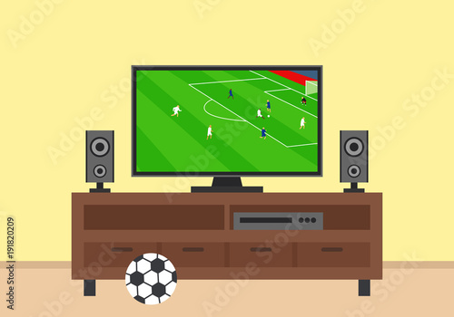 tv  on stand .football soccer match translation on screen