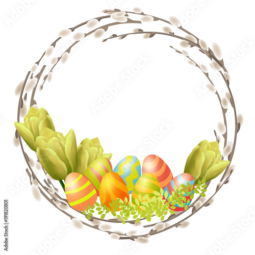 Easter wheath made from willow branches, colored easter eggs and tulip flowers. Vector illustration isolated on white background photo