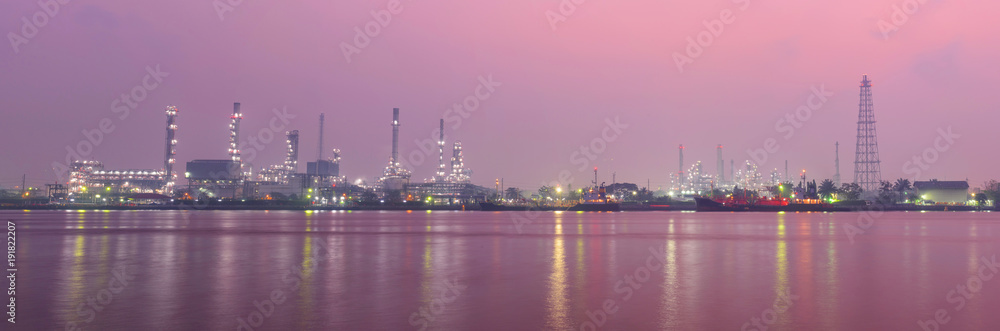 Panorama view of Big factory at the river in sunrise time