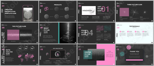 Minimal presentation templates. Tech elements on black background. Technology sci-fi concept vector design. Presentation slides for flyer, leaflet, brochure, report, marketing, advertising, banner