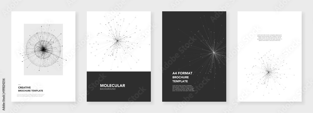 Minimal brochure templates. Molecule models on white background. Technology sci-fi or medical concept, abstract vector design. Templates for flyer, leaflet, brochure, report, presentation, advertising