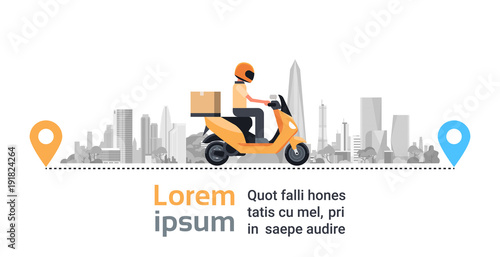 Motorcycle Delivery Service, Man Courier Riding Scooter With Box Parcel Over Big Silhouette City Background Flat Vector Illustration