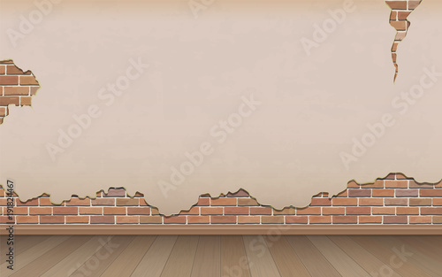 Old wall and parquet floor. Shabby cracked plaster. Vintage interior background.
