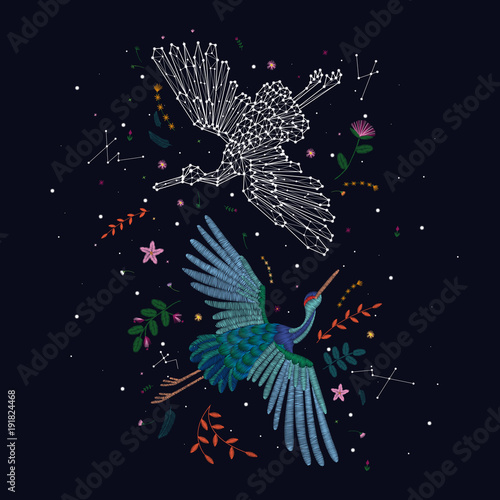 
traditional stylish stylish embroidery on the black background. cranes fly and plants. constellation of birds, abstract style. sketch for printing on clothes. vector. trend