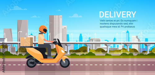 Delivery Service, Man Courier Riding Scooter Or Motorcycle With Parcel Over Modern City Landscape Flat Vector Illustration