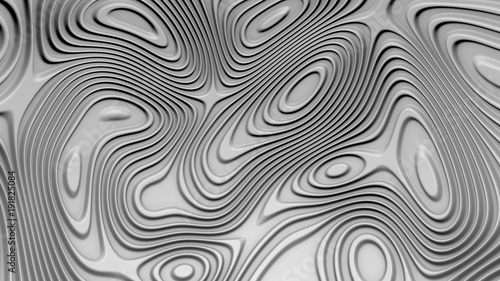 Stylish white colored background with flowing lines. Abstract topographic map contour background. Black stripe pattern background. Smoothly illuminated plastic texture, 3d render illustration.