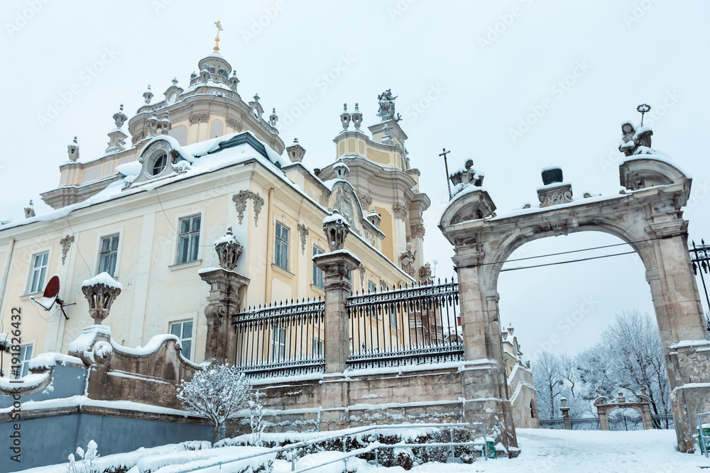 Early morning winter St. George Cathedral in Lviv, Ukraine