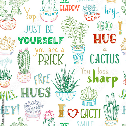 Vector seamless pattern of cacti and hand-written lettering.
