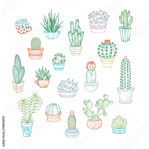 Vector set of linear icons of cacti and succulents.