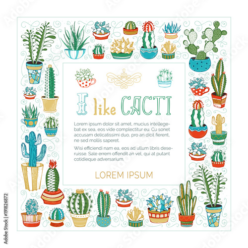 Vector cactuses and succulents square frame.