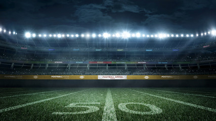 empty football stadium in light rays at night 3d rendering