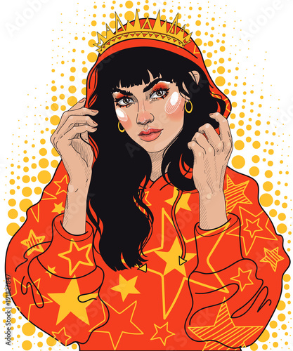 Obraz na plátně vector beautiful young brunette girl in trendy sweatshirt with crown and crown o