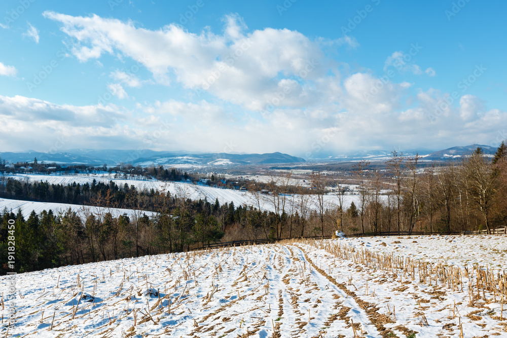 Winter mountain landscape with field, grove and village in far Winter mountain landscape with field, grove and village in far
