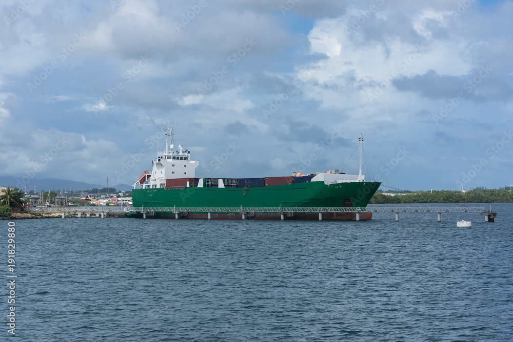 Guadeloupe, Pointe à Pitre city, panorama of the harbor from the sea, cargo ship
