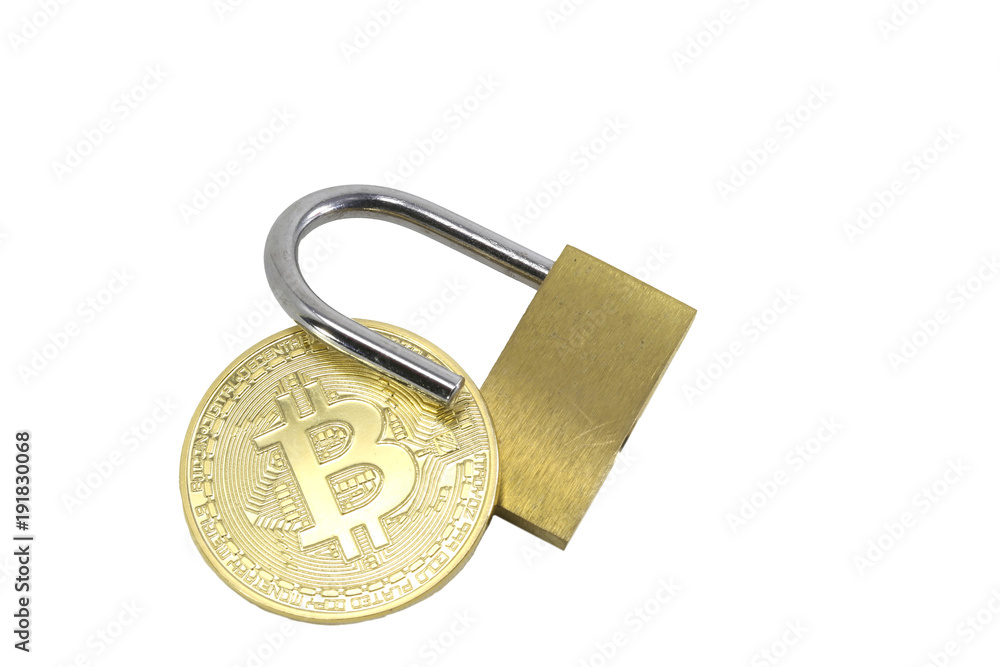 open lock and the big golden coin of BITCOIN symbol of the new crypto currencies open lock and the big golden coin of BITCOIN symbol of the new crypto currencies