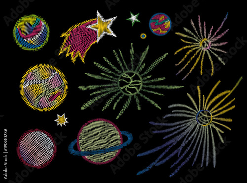 Space, stars, planets. Traditional folk stylish stylish embroidery stitch on a black background. Sketch for printing on clothing, fabric, bag, accessories and design. vector