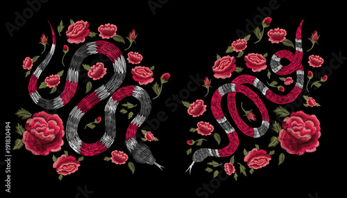 snake and red forbidden strawberry fruit. Traditional stylish floral embroidery stitch on a black background. Sketch for printing on fabric, clothing, bag, accessories and design. Vector, trend