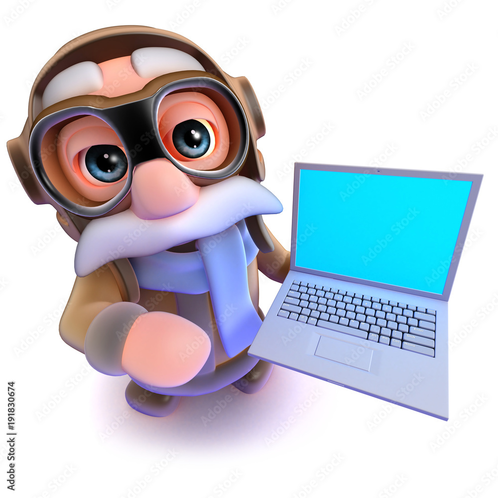 3d Funny cartoon airline pilot character holding a laptop pc computer Stock  Illustration | Adobe Stock
