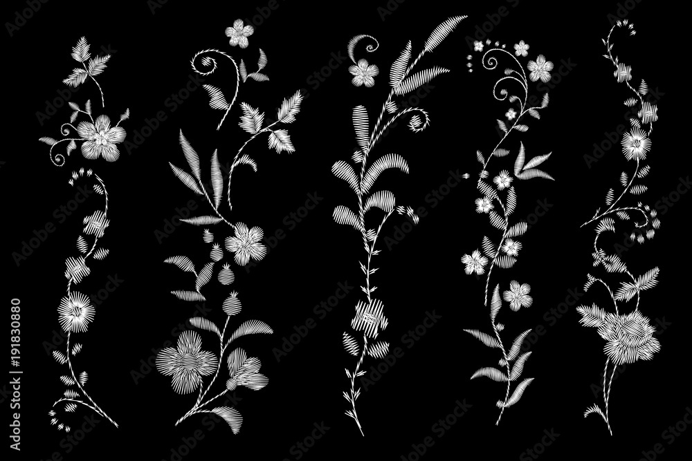  white lace. Traditional folk flower fashionable embroidery on the black background. A bouquet of roses and a dog rose, for printing on clothes, vector