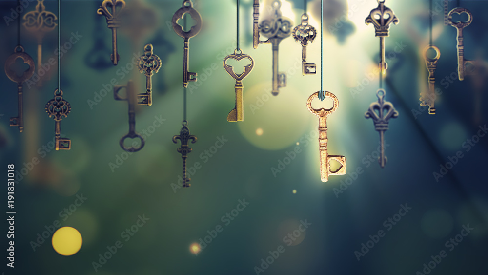 onceptual image with hanging keys - obrazy, fototapety, plakaty 