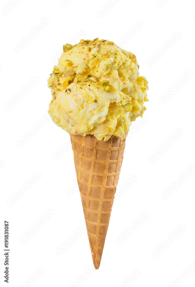 Vanilla-banana ice cream with nuts in waffle cone Vanilla-banana ice cream with nuts in waffle cone