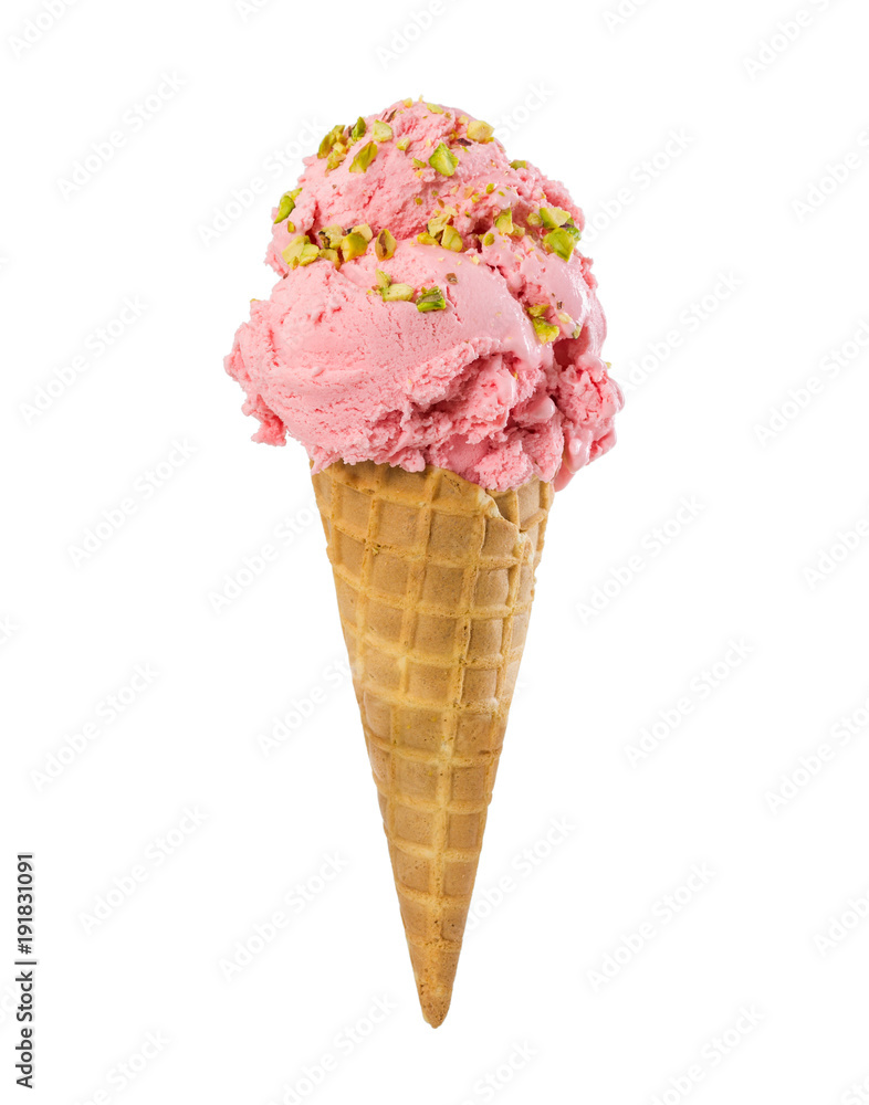Strawberry ice cream with nuts in waffle cone Strawberry ice cream with nuts in waffle cone