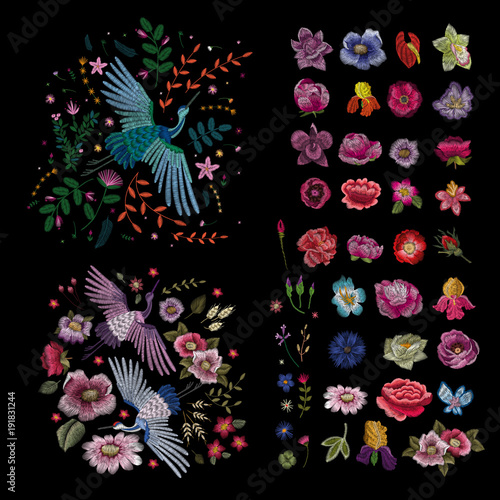 Crane bird, flowers, rose, rose-hip, plant. Traditional folk stylish stylish embroidery on the black background. Sketch for printing on clothing, fabric, bag, accessories and design. Vector, trend