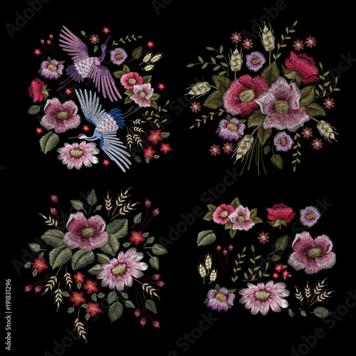 Crane bird, flowers, rose, rose-hip, plant. Traditional folk stylish stylish embroidery on the black background. Sketch for printing on clothing, fabric, bag, accessories and design. Vector, trend