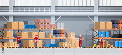 Warehouse Interior Box On Rack And People Working. Logistic Delivery Service Concept Flat Vector Illustration